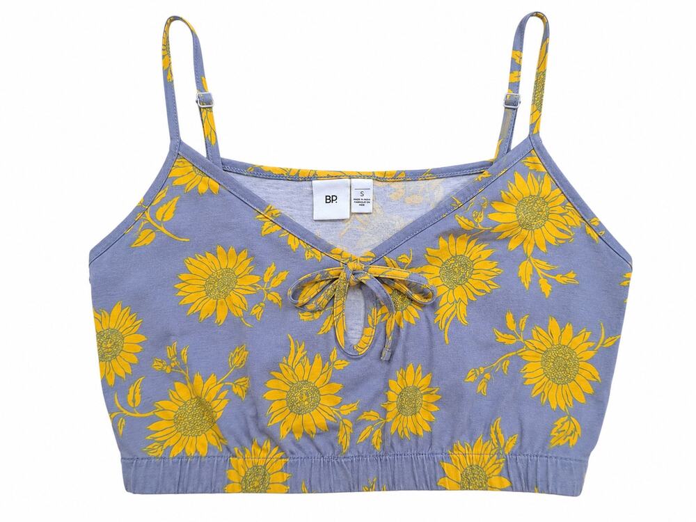 BP Sunflower Tie Front Crop Cami Dusty Blue Gray Yellow Women’s Small